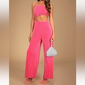 Lulus Timely Trends Hot Pink Asymmetrical Cutout Wide-Leg Jumpsuit NEW SIZE XL